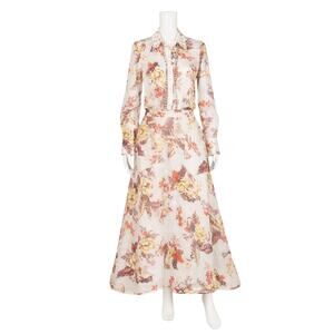 ZIMMERMANN Matchmaker Floral Print Linen Crystal Embellished Top & Skirt Set M